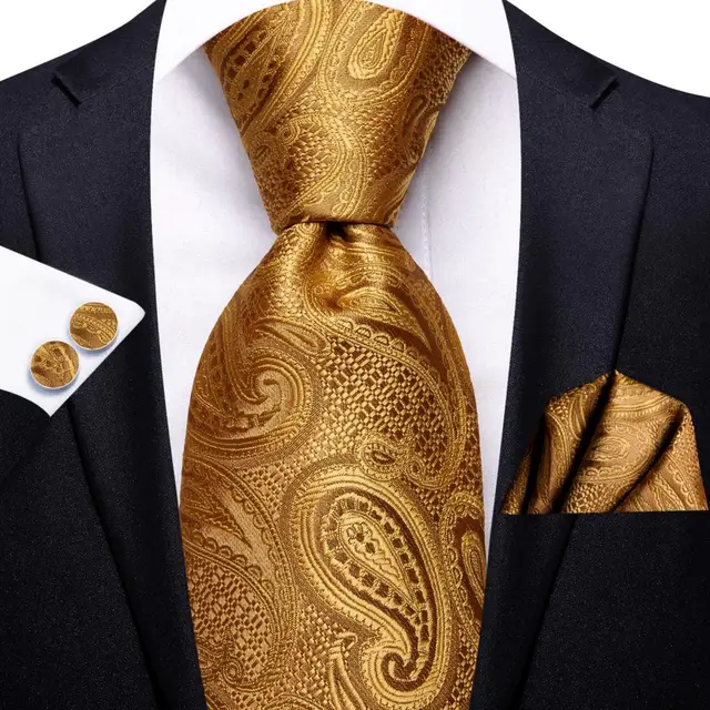 Hi-Tie lusso oro arancione a strisce Paisley seta cravatta da sposa per uomo Hanky gemello regalo Mens cravatta Business Party Dropshipping 4