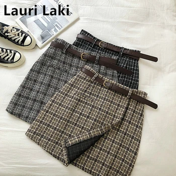 

Plaid Vintage Autumn Winter Skirt Women Irregular Lattice High Waist Skirt Mujer With Sashes A-line Mini Skirt Retro 2019