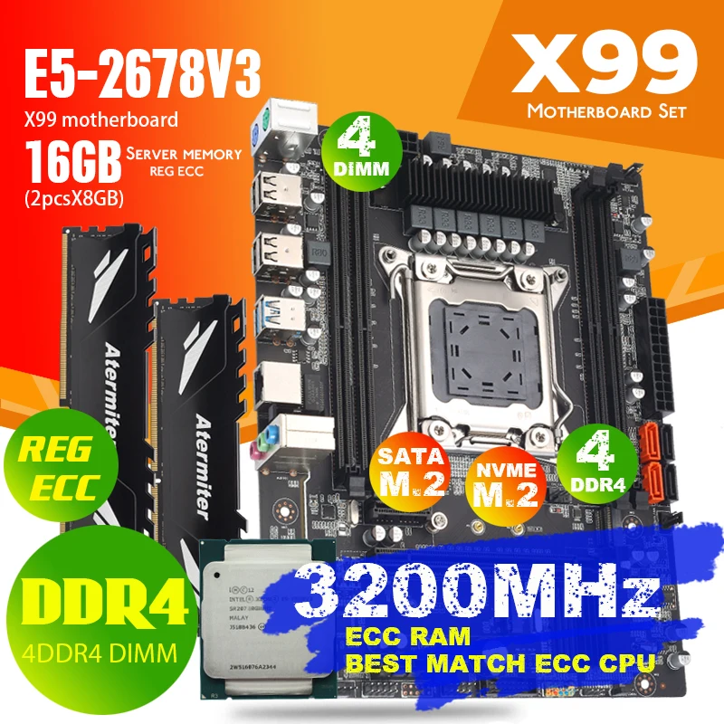 Atermiter X99 DDR4 D4 набор материнских плат с Ксеон E5 2678 V3 LGA2011 3 Процессор 2 шт. X 8 ГБ = 16 Гб