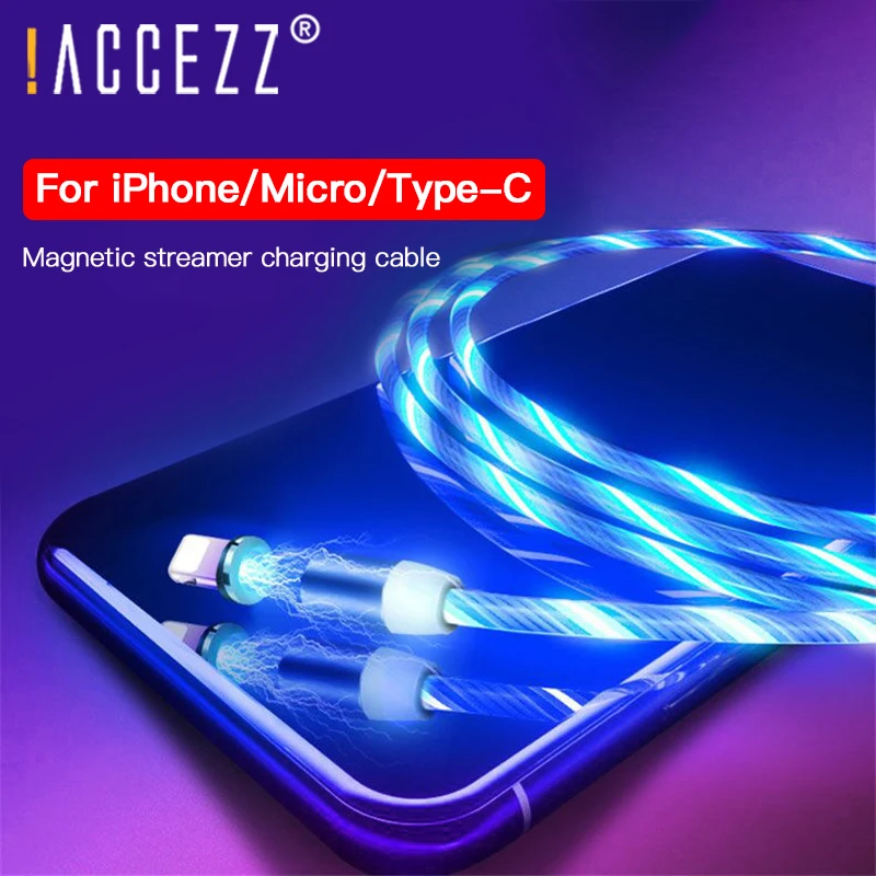 ACCEZZ Магнитный светодиодный USB кабель для быстрой зарядки для IPhone 7 X Ipad микро зарядка USB C магнитное зарядное устройство Mirco для samsung телефонный шнур