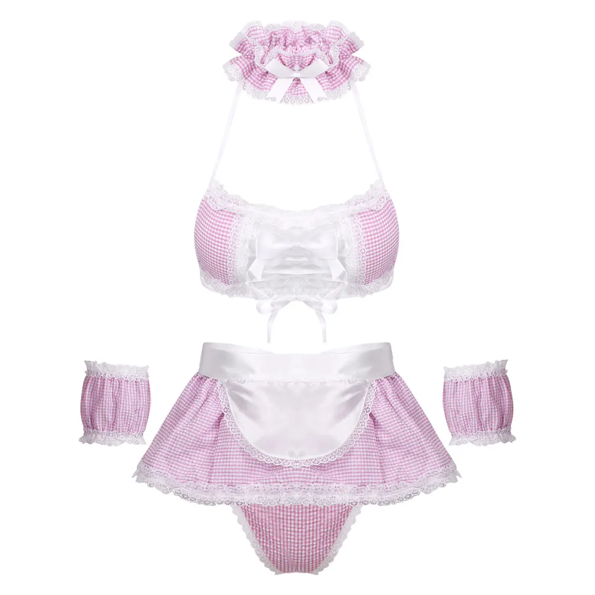 Womens Erotic Cosplay Costume Role Play Lingerie Set Ruffle Plaid Babydoll Lace-up Bra G-string Apron Sexy Schoolgirls Clubwear