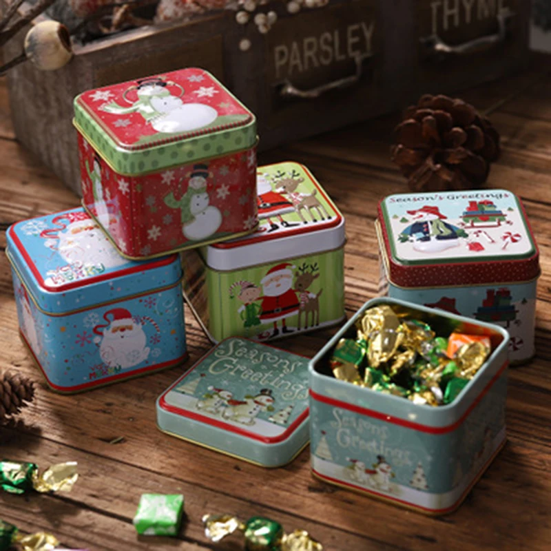 

Christmas Square Tin Box Snowman Cookie Candy Case Xmas New Year Party Gift Chocolate Earring Coins Jar Jewelry Can Storage Box