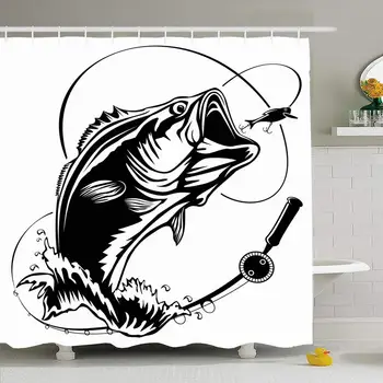 

Shower Curtain Set with Hooks 72x78 Fishing Bass Swimming Fish Hunting Rod Club On Animals Lure Large Wildlife Parks Outdoor