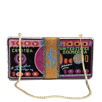 

Double Flower Stack of Cash Clutch Purse Women Funny Money Bag Crystal Evening Clutches Bag Cocktail Party Rhinestone Handbags