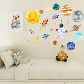 

45*120CM Wallpaper Astronaut Rocket UFO Meteorite Space Planet Theme PVC Waterproof Wall Stickers for Kids Rooms Wall Art