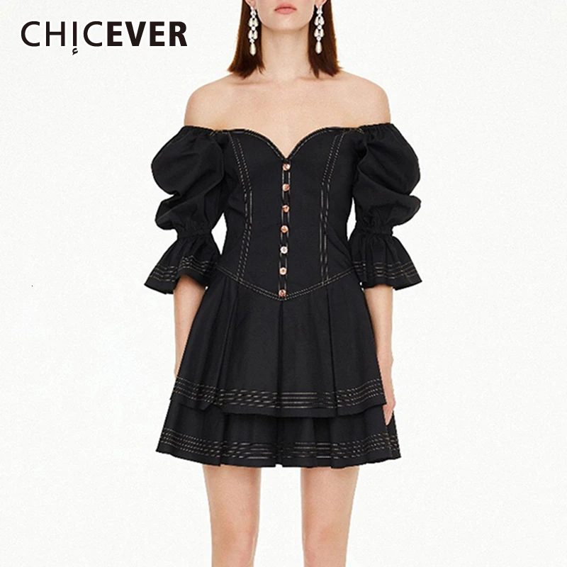

CHICEVER Casual Party Dress Women Slash Neck Flare Short Sleeve High Waist Ruched Ruffle Dresses Female 2020 Fashion Clothes New