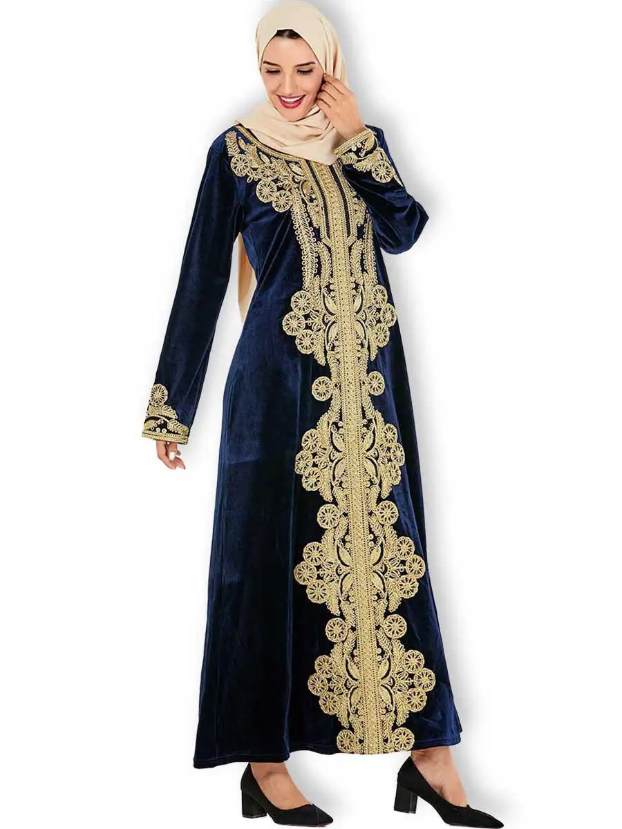 Бархатное мусульманское женское длинное платье Теплый кафтан вышивка свободный исламский джильбаб женское платье макси осень зима Дубай платья Мода - Цвет: Navy Blue