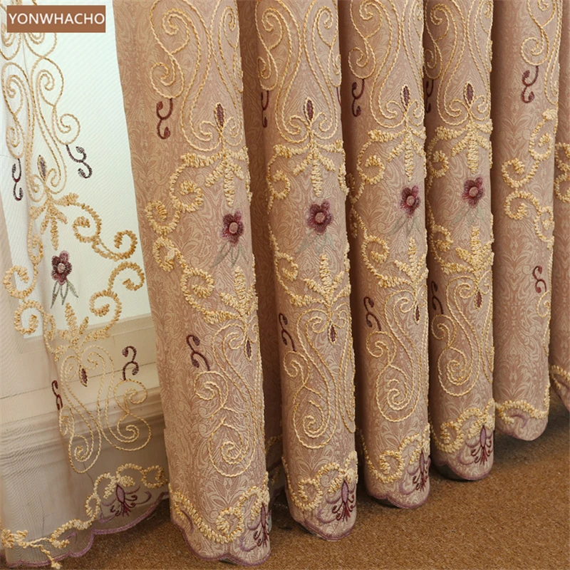 

Custom curtains thick jacquard rope embroidery European living room pink cloth blackout curtain tulle valance drape B870
