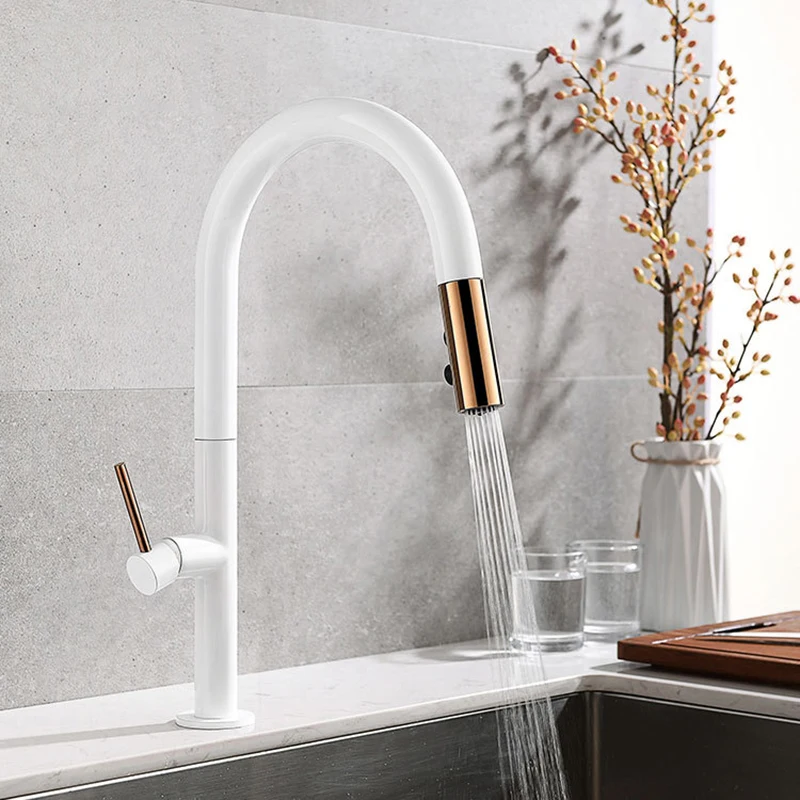 

Newly Arrived Pull Out Kitchen Faucet Rose gold and White Sink Mixer Tap 360 degree rotation kitchen mixer taps Kitchen Tap