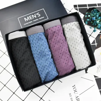 

4pcs/pack Men Boxers Kit Panties Comfty Boxershorts Breathable Ice Mesh Hole Underwear Flat Pants Ultra Soft Panties Shorts