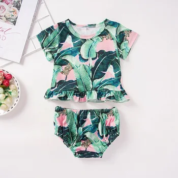 

Summer Suits Baby Girl Green Casual Short Sleeve Print Tops Vest With Briefs Shorts Outfits Sets
