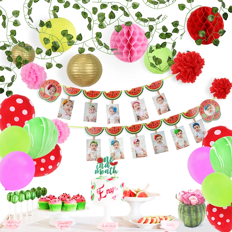 

Fruit Party Supplies Decor Watermelon 1 Year Birthday Party Decorations Kids 1-12 Month Photo Banner Lvy Garland Paper Lanterns