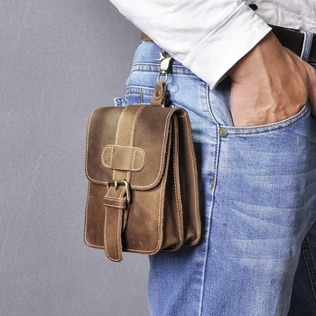 

Hot Sale Quality Leather men Casual Design Small Waist Bag Pouch Cowhide Fashion Hook Fanny Waist Belt Pack Phone Case 016