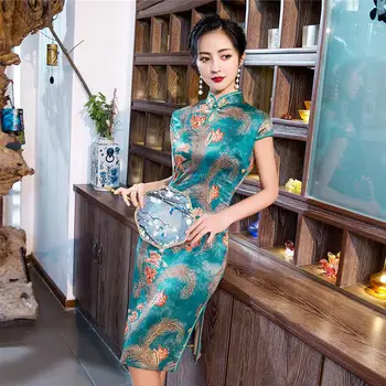 

New Green Rayon Short Chinese Traditional Women Qipao Vintage Oriental Female Cheongsam Novelty Chinese Formal Dress M - 4XL