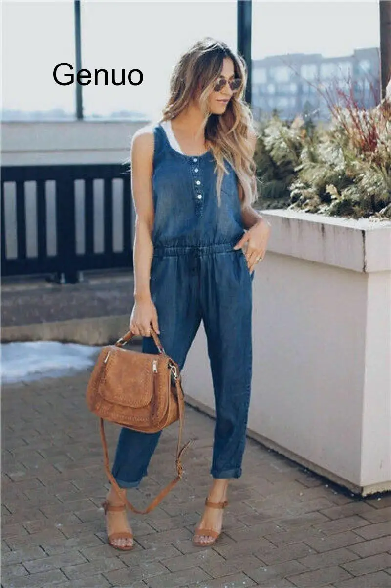 Denim Wash Overall For Summer Lady Women Arrival Cool Street Blue Plain Women Sleeveless Loose Jeans Jumpsuit Long Pants Rompers