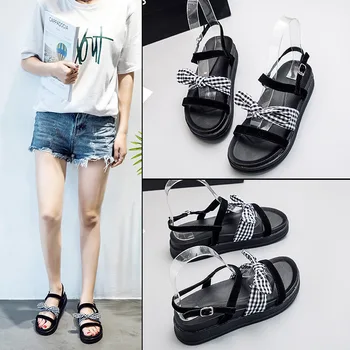 

Summer 2020 leather ladies sandals black flat sandals ladies wedge heel butterfly beach slippers