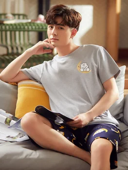 

Men's Pajamas 100% Cotton Boy's Short Sleeves Nightwear Sleep Wear Suits Sleepwear Homewear Shorts for Men