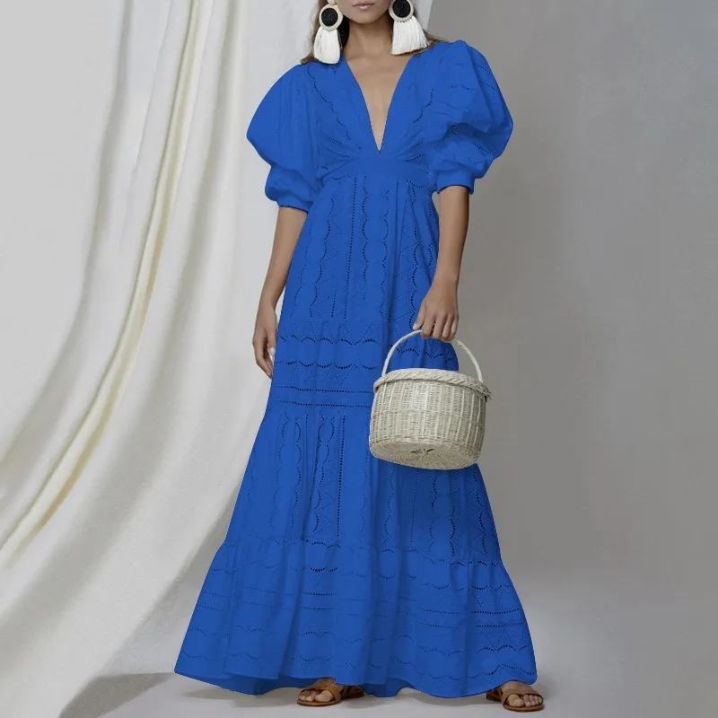 

Boho Lady Holiday Lace Hollow Out Deep V Neck Dress Women Puff Sleeve Solid Maxi Dress Vestidos Sukienki Ropa Mujer Dresses 2020