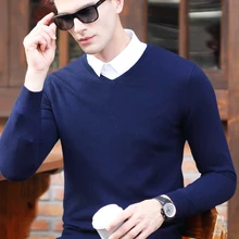Модный шерстяной мужской свитер пуловер с длинными рукавами мужской свитер с v-образным вырезом Топы однотонная трикотажная одежда повседневная