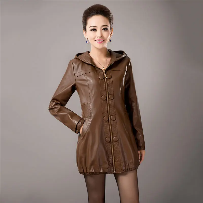 5XL модные кожаные пальто среднего возраста Женская весенне-осенняя одежда длинный участок тонкий большой размер pu кожаная куртка женская