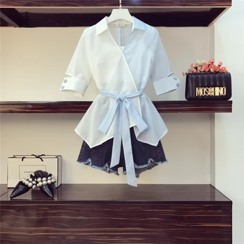 

2020 New Summer Fashion Women's All-match Color Block Striped Top + Tassel Wide Leg Denim Shorts Casual Studnets Suits + Vests