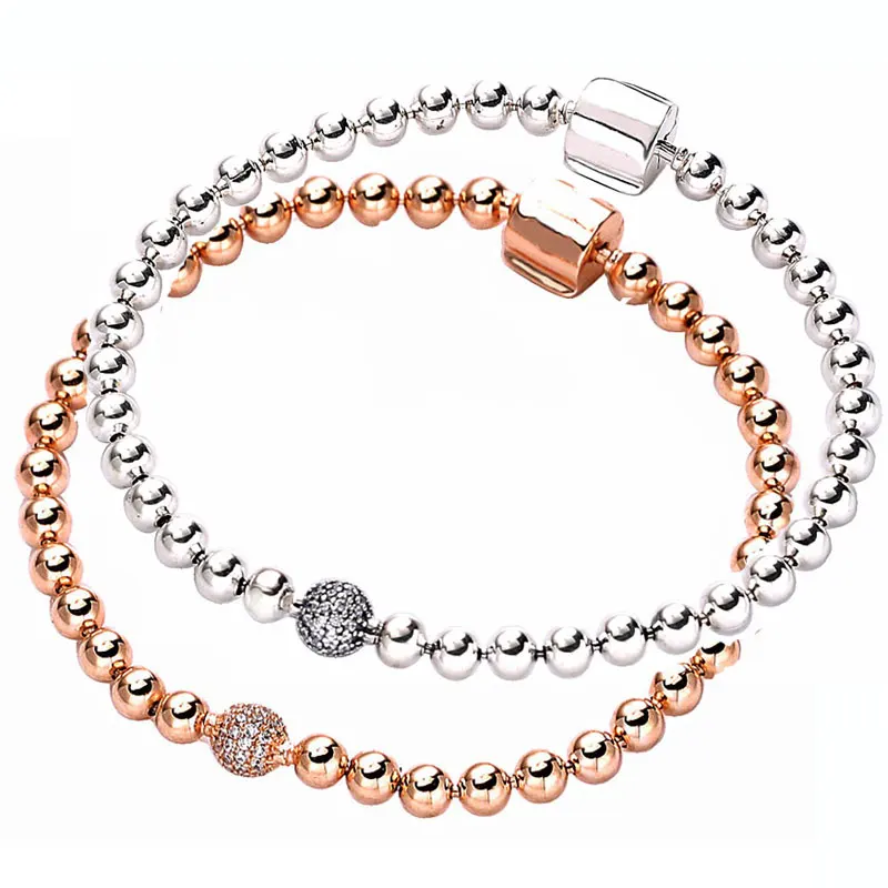 925 пробы серебряный браслет из розового золота с бусинами и кристаллами, скользящий браслет, браслет с бусинами, очаровательные европейские ювелирные изделия Diy