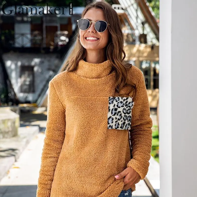 Glamaker Knitted solid color pullover Women long sleeve turtleneck pocket sweatshirt Female autumnwinter elegant warm sweatshirt - Color: Camel