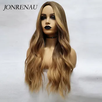 JONRENAU Heat Resistant Long Natural Wave Hair Synthetic Ombre Brown to Blonde Wigs for White/Black Women 4