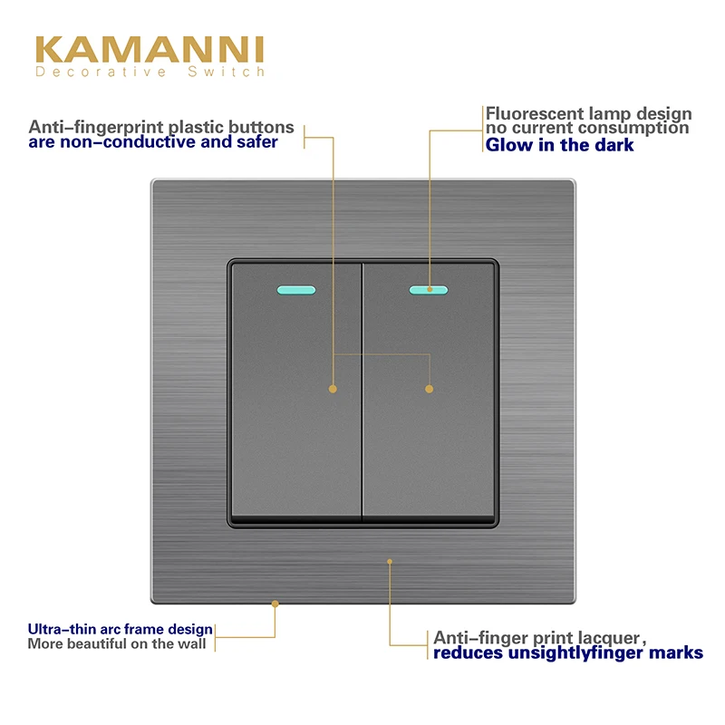 KAMANNI Grey 2Gang 2Way With Indicator Lightes Wall Switch Power Light Switch Luxury Push Button Switches Aluminum Alloy Surface afbeelding