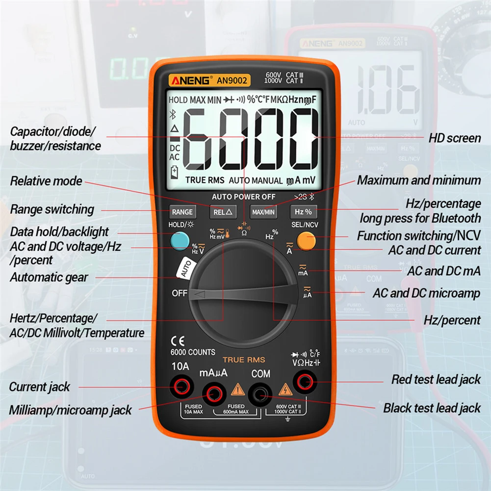 Bluetooth-compatible Digital Multimeter Wireless RMS Manual/Auto Strong Toughness Electric Portable Range Voltmeter Ammeter