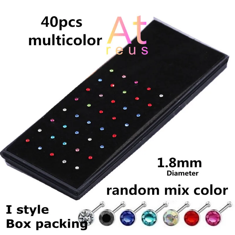 40pc I multiclor box 60/40/24/10 шт Кристалл Нос кольцо& гвозди Для женщин, ювелирные изделия для девушек, хирургический стальной Нос Пирсинг белый/Красочные Стразы Украшения для пирсинга - Окраска металла: 40pc I multiclor box
