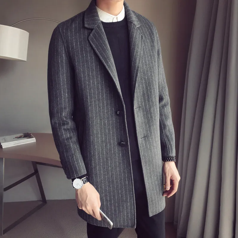 striped gray Мужской плащ в английском стиле средней длины Блейзер Осень Зима Бизнес полосатый нагрудный однобортный верхняя одежда размера плюс 5XL - Цвет: striped gray