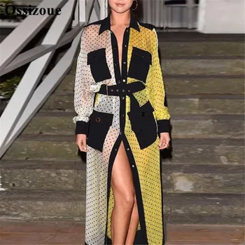 

Contrast Color Long Evening Dresses With Black Points Illusion High Split Long Sleeves Women Lady Prom Gown YSAN617