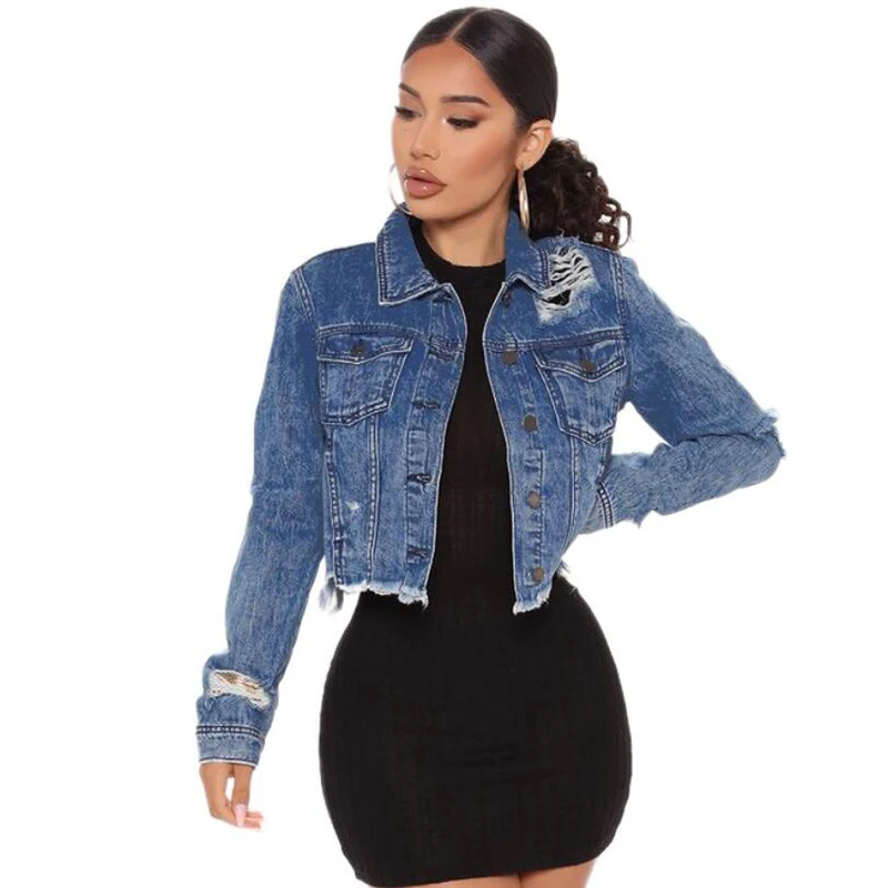 Blue Jean Jacket Women Sexy Ripped Hole Tassel Cropped Jacket Lady