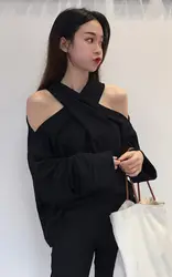 Весна 2019, новый стиль, корейский стиль, модный сексуальный топ с лямкой через плечо, свободный крой, длинный рукав, одноцветная