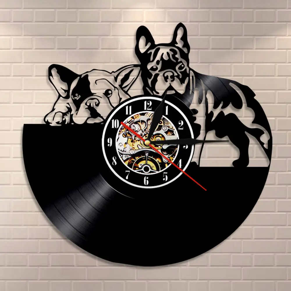 Французский бульдог, пара настенных художественных настенных часов для домашнего декора, настенные часы из виниловой пластинки, современные настенные часы для щенков, собак, пород собак, подарок