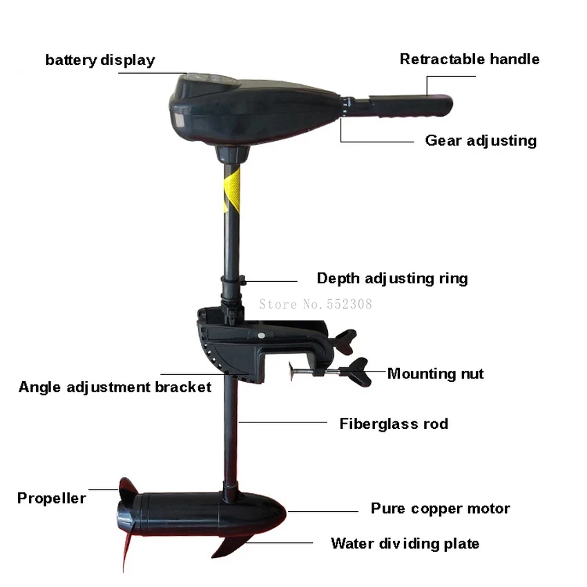 Electric Trolling Motor Engine for Inflatable Boat, Battery Driven, Rowing Boat, 12V, 54, 60, 65lbs, 24V, 86lbs, High Quality