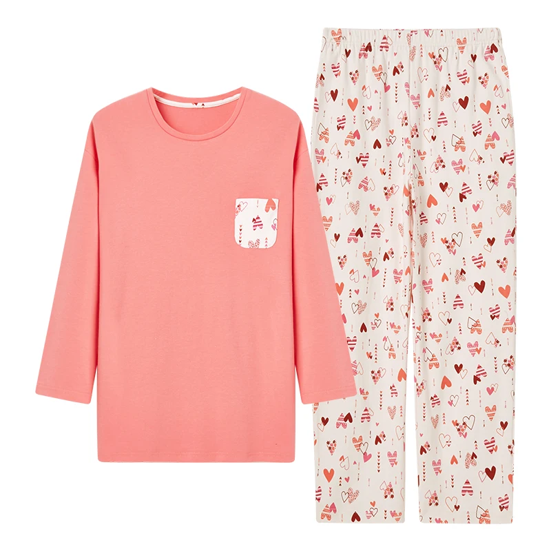 THREEGUN пижамный комплект Женский хлопок осень зима Нью-Йорк вокруг шеи печать Свободная Домашняя одежда длинный рукав полный брюки пижамы - Цвет: Pink