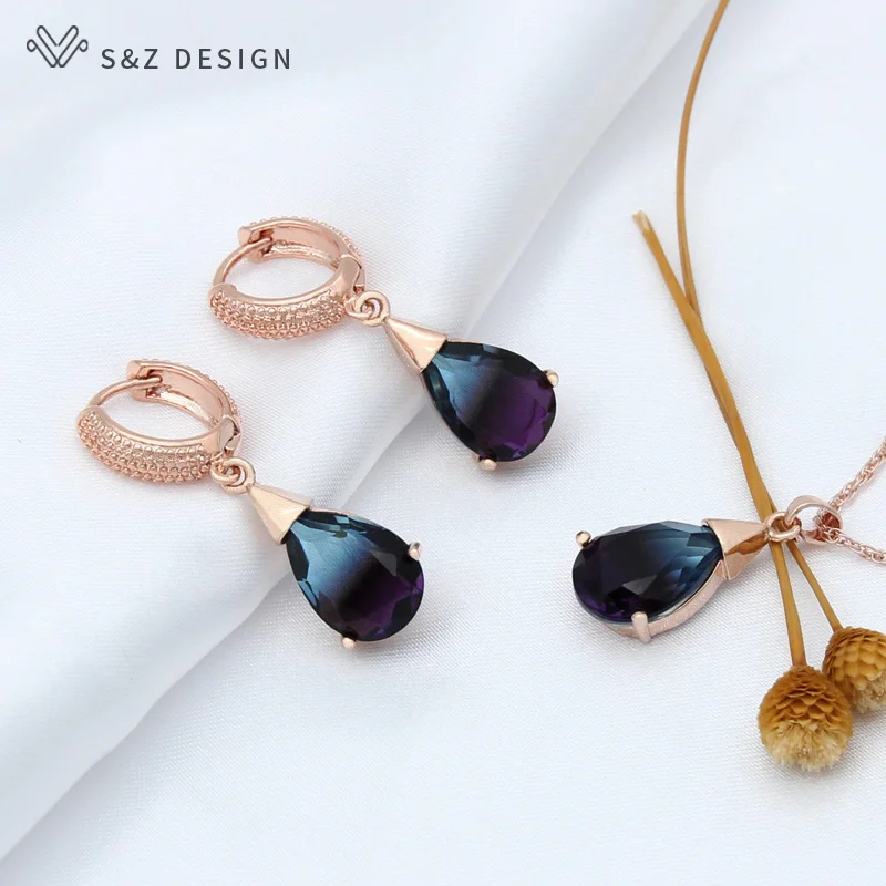 S&Z DESIGN New Fashion 585 Rose Gold Color Water Drop Crystal Dangle Earrings Jewelry Sets For Women Pendant Necklace Gift