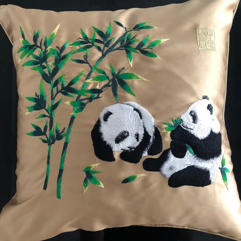

Lovely Panda Embroidered Solid Cushion Covers High-grade Bamboo Blue Waist Pillowcases Classical Home Bed Decoration Pillow Case