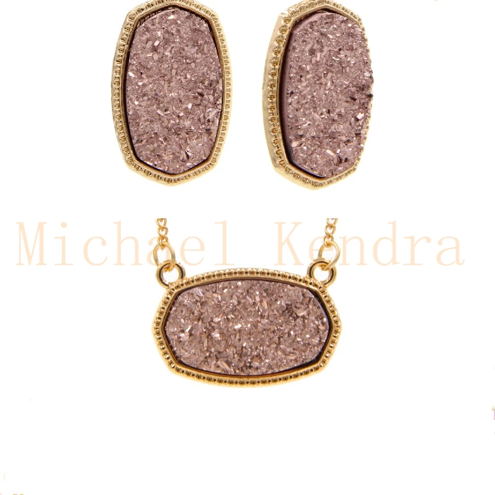 Овальная Смола Druzy ювелирный набор золотой цвет Drusy шестигранный стиль кулон