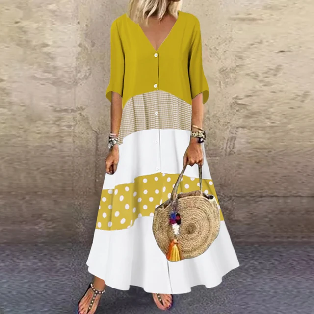 ZANZEA Fashion Summer Maxi Dress Women's Printed Sundress Casual Short Sleeve Vestidos Female High Waist Robe Femme E Cotton Yellow