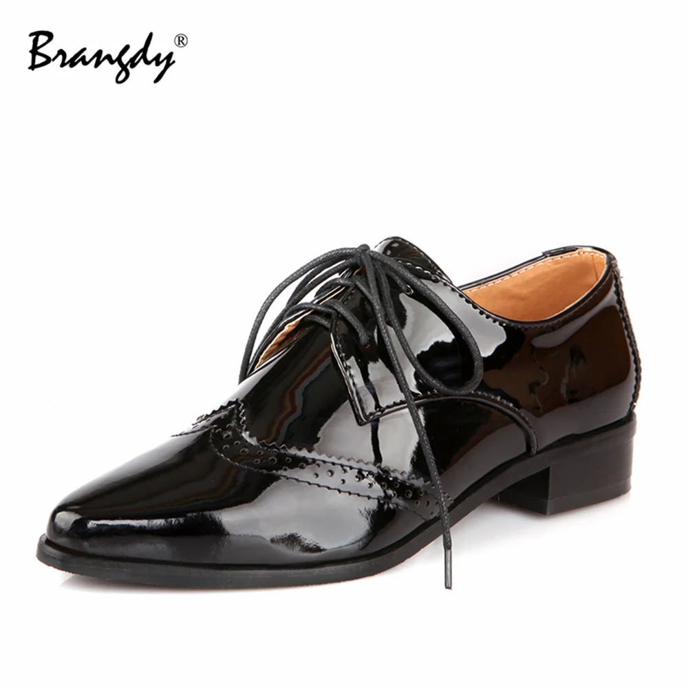 Brangdy Fashion Women Oxford Shoes Patent Leather Spring Autumn Women Brogue Shoes Pointed Toe Women Flats Lace Up Size34-43