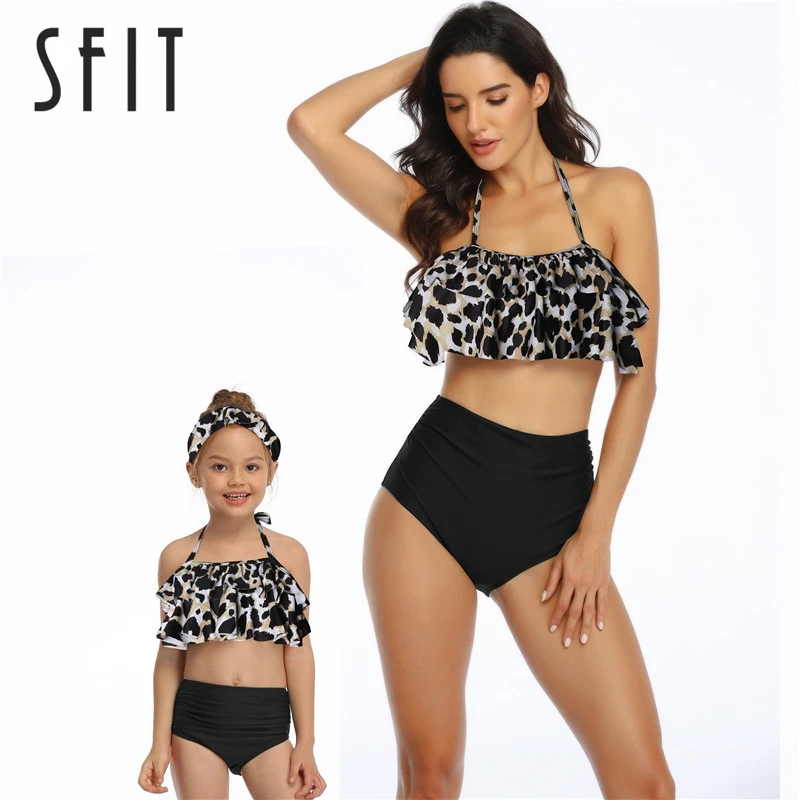

Sfit Print Halter Parent-child Swimwear Set Family Matching Clothes Halter Bathing Suit High Waist Bikini Suit Ruffled Biquine