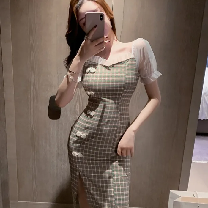 

French Vintage Chinese Style Short Sleeve Cheongsam Plaid Puff Sleeve Fairy 2021 New Spring Summer Sexy Dress Plus Sizeoversize