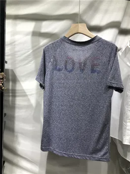

Women's T-shirt Summer New Women's Rhinestone LOVE Cotton V-neck Gray Short-sleeved T-shirt