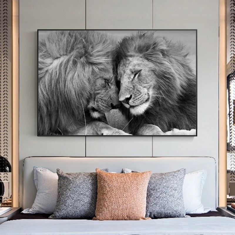 

Black African Lions Canvas Paintings on The Wall Nordic Style Lion Head To Head Posters and Prints Wall Art Pictures Home Decor