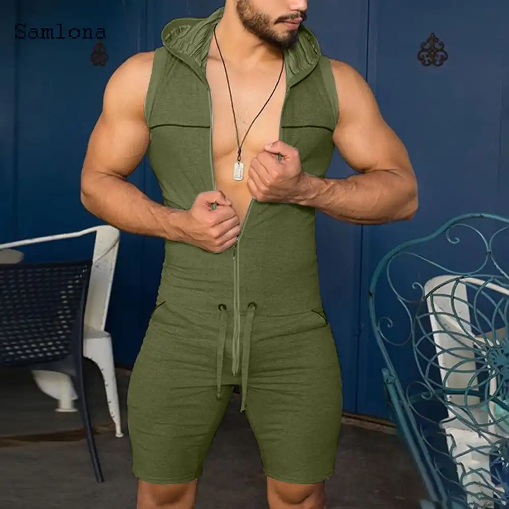 夏のフード付きトップセクシーなロンパース男性メンズジャンプスーツワンピースショーツ衣服ファッションジッパーノースリーブ付きカバーオール男性 Tank Tops Aliexpress