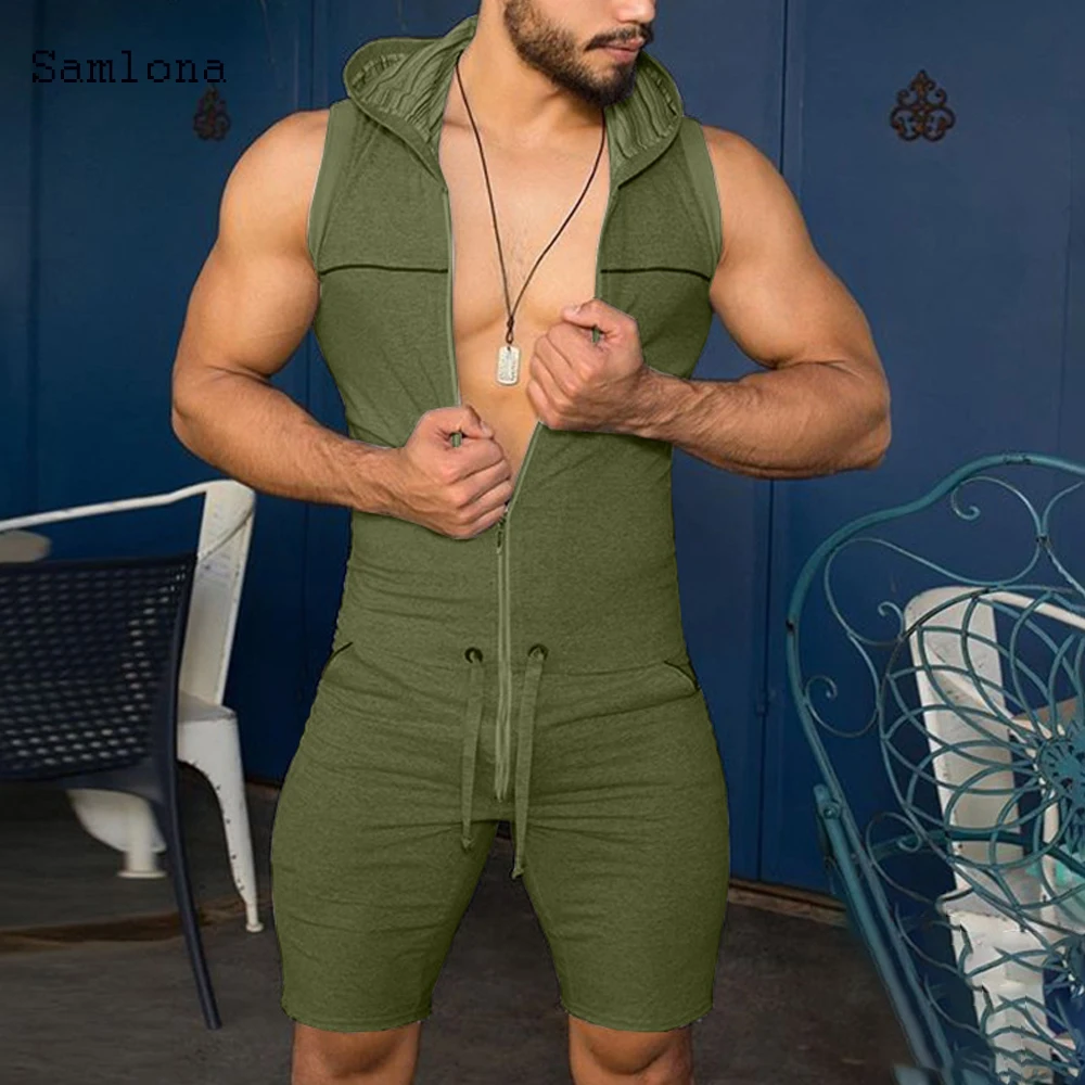 

Summer Hooded top Sexy Jumpsuit Men 2020 mens Jumpsuit One-piece Shorts Garment Fashion Zipper Sleeveless Hooded onesie Male
