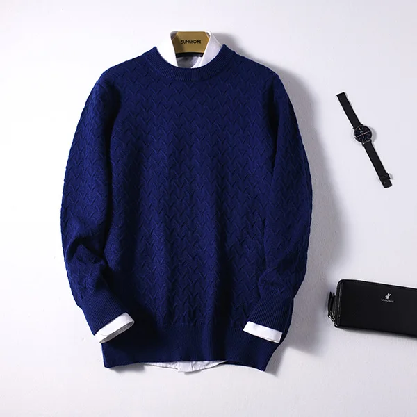 Высококачественные мужские кашемировые свитера и шерстяные вязальные Джемперы, мужские зимние пуловеры с круглым вырезом, текстурированный свитер, модный свитер - Цвет: dark blue